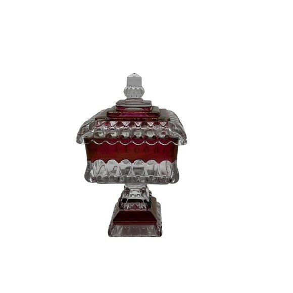 Westmoreland VTG 1950s Cranberry Flash Square Pedestal Candy Dish/Wedding Box - Picture 1 of 16